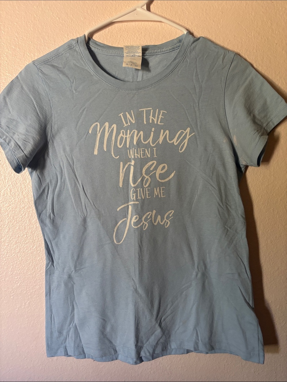 Woman’s Light Blue Graphic Tee, “In The Morning When I Rise Give Me Jesus”
